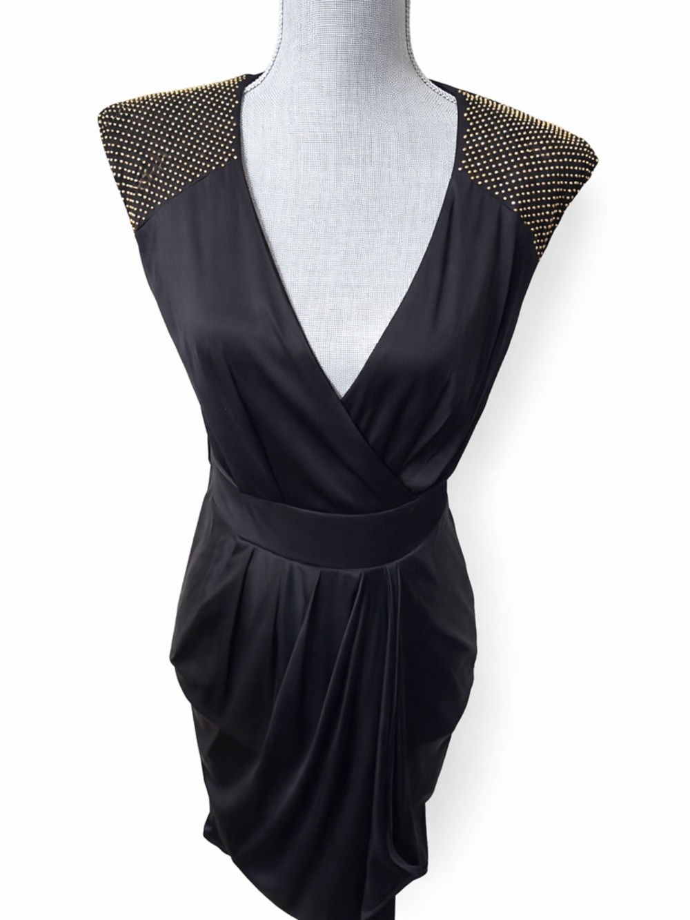 Flavio Castellani Italy Draped Cocktail Dress IT 40 US 4 Black Gold Studded Shea